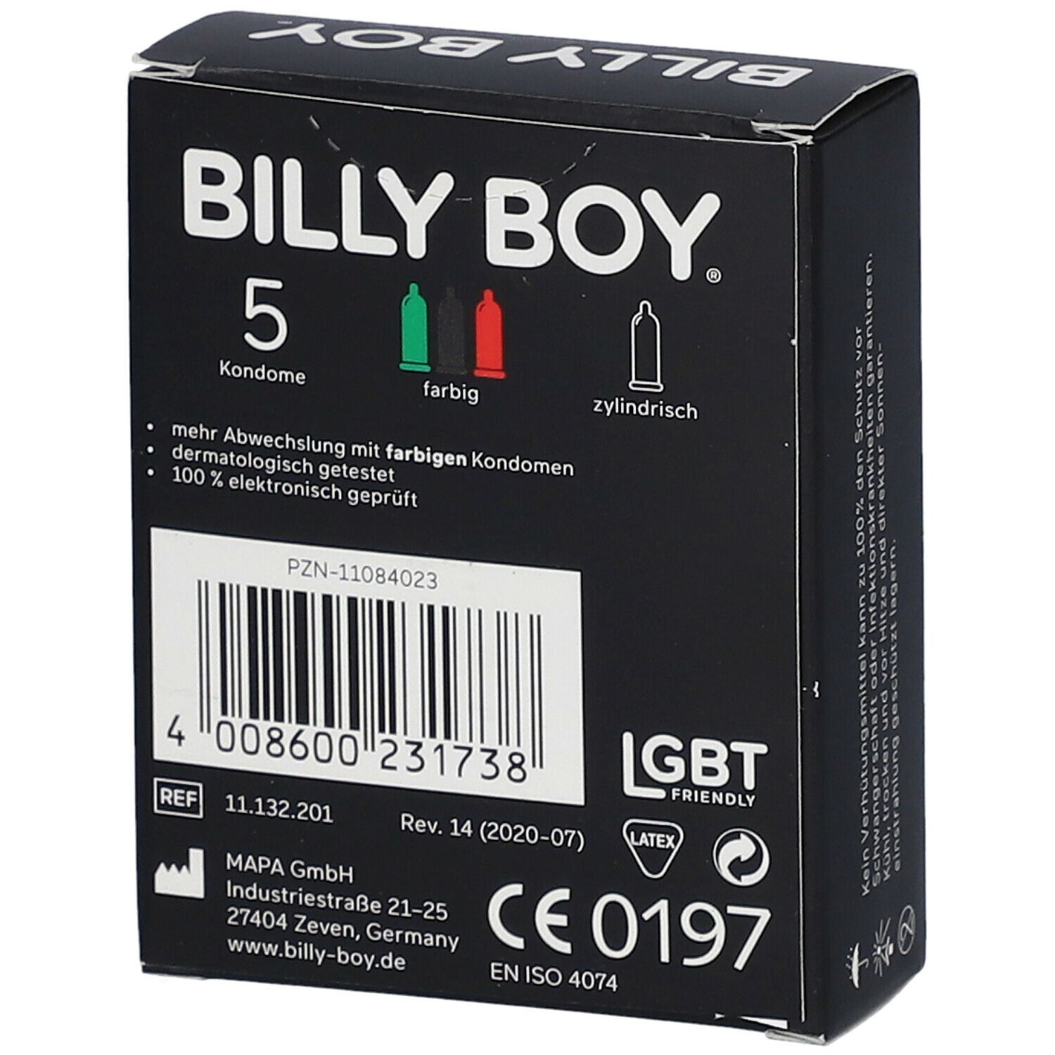 Packung mit 5 Billy Boy Kondomen, farbig und zylindrisch.