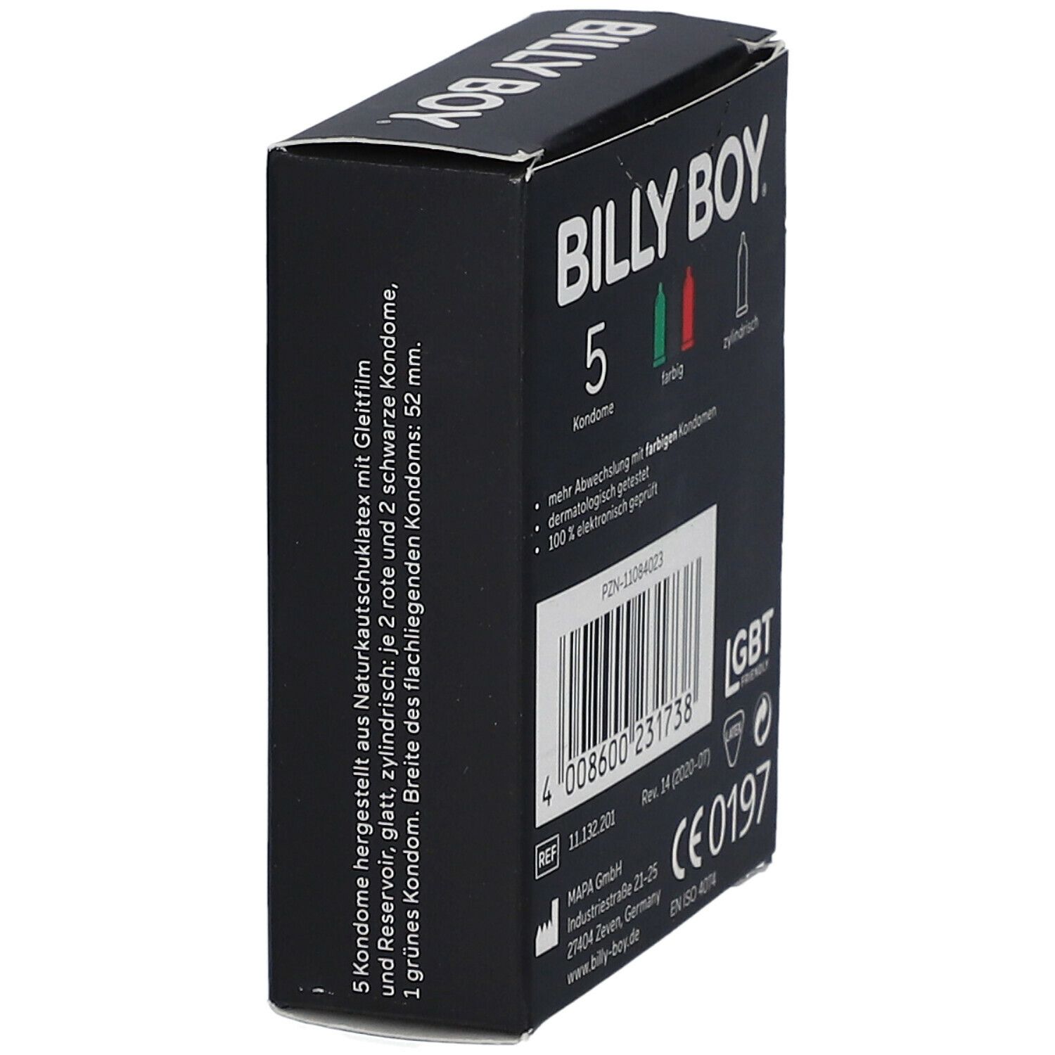 Packung mit 5 Billy Boy Kondomen: 2 rote, 2 schwarze, 1 grünes. Breite 52 mm.