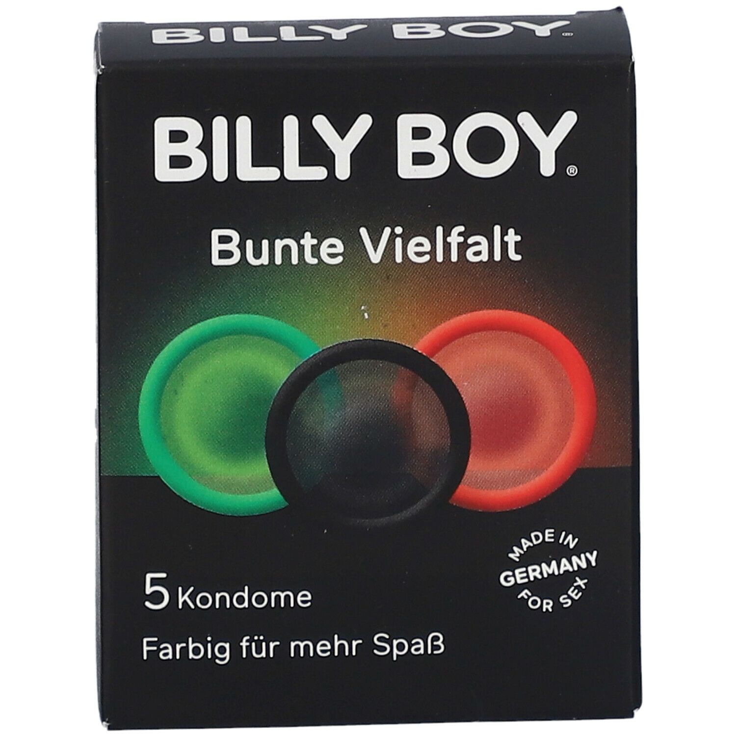 Packung mit 5 bunten Kondomen (grün, schwarz, rot). Marke: BILLY BOY.