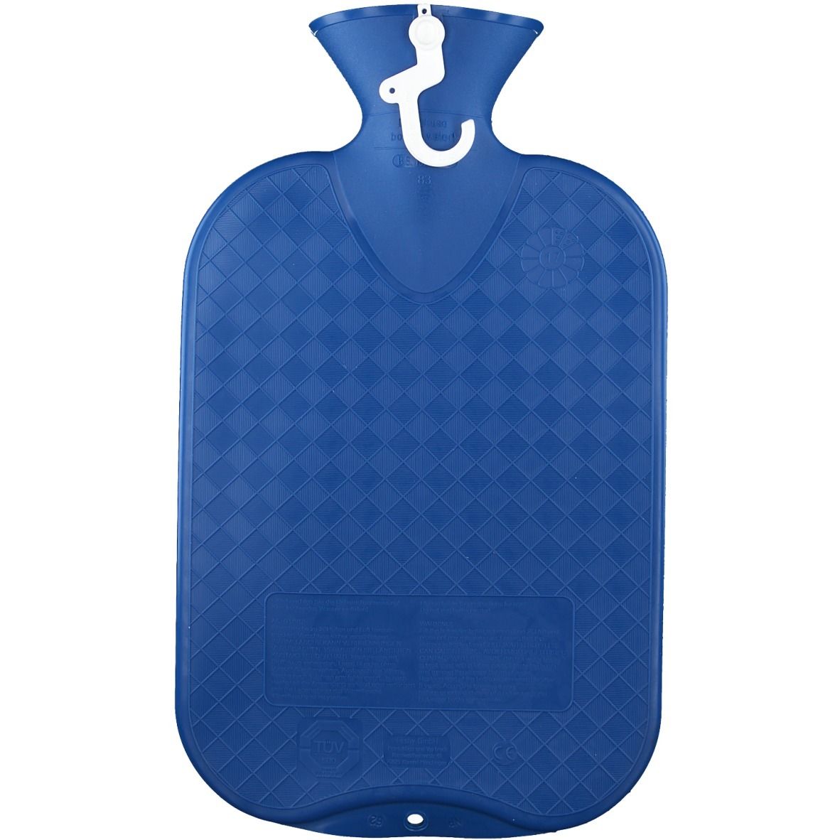 Blaue Wärmflasche mit Rautenmuster. Oben Hals mit Verschluss und Aufhänger. Marke Fashy.