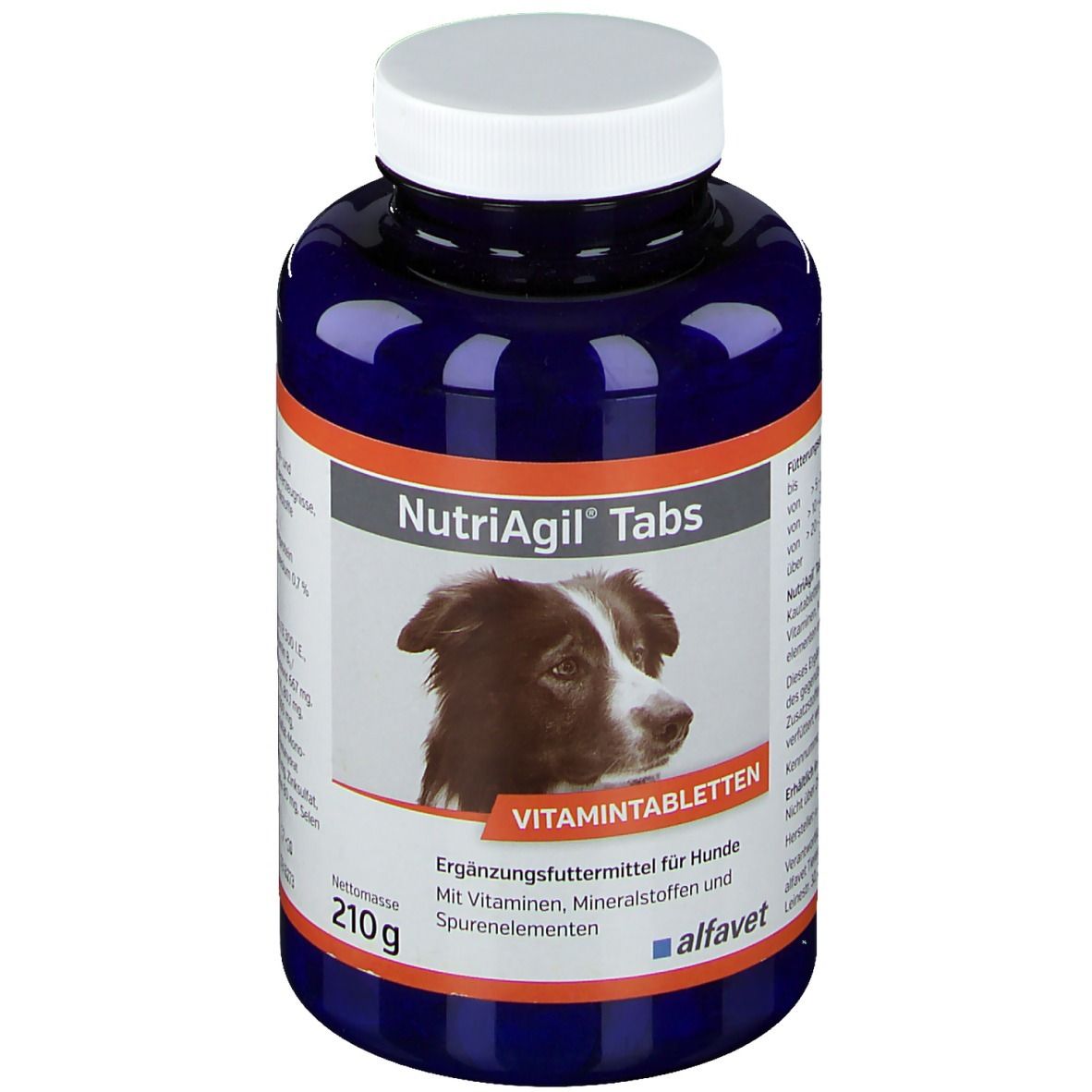 Blaue Flasche mit weißem Deckel. Aufschrift: NutriAgil Tabs, Bild eines Hundes. 210g, Vitamin-Tabletten.
