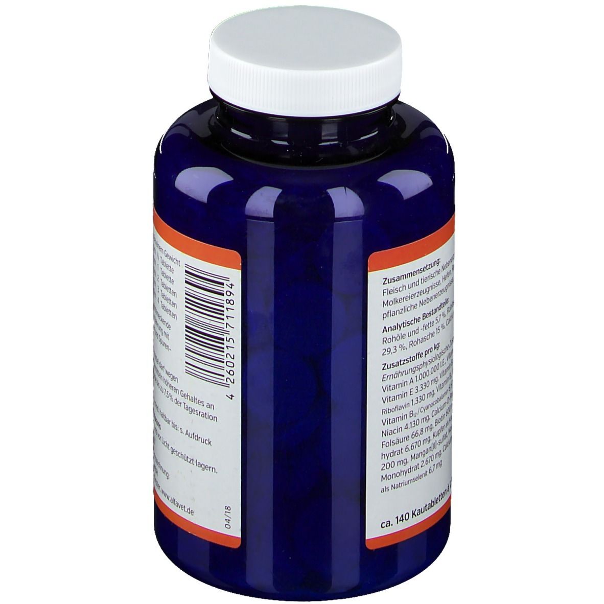 Rückseite der blauen Flasche mit weißem Deckel. Text: Zusammensetzung, analytische Bestandteile, Zusatzstoffe pro kg.