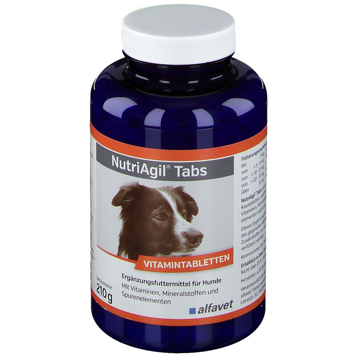 Blaue Flasche mit weißem Deckel. Aufschrift: NutriAgil Tabs, Bild eines Hundes. 210g, Vitamin-Tabletten.