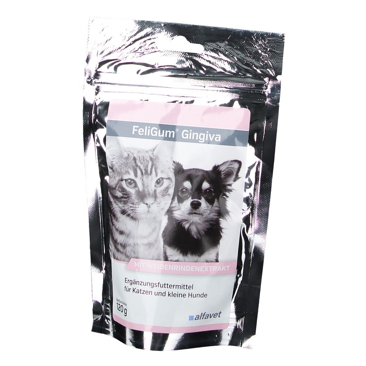FeliGum Gingiva-Beutel mit Katze und Hund. Aufschrift: Ergänzungsfuttermittel für Katzen und kleine Hunde. 120g. Marke alfavet.