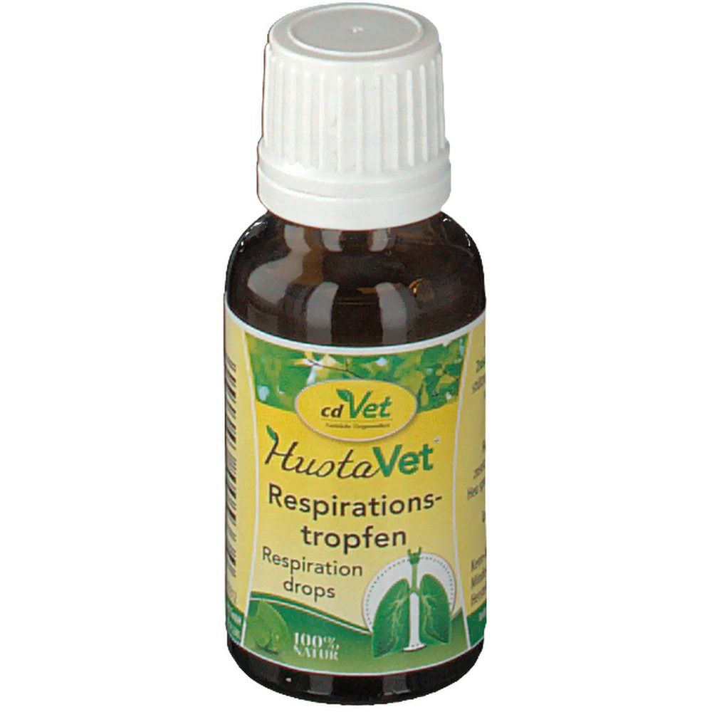 Braune Glasflasche mit weißem Deckel. Etikett mit Produktnamen und Illustration der Lunge. Aufschrift: Respirationstropfen.