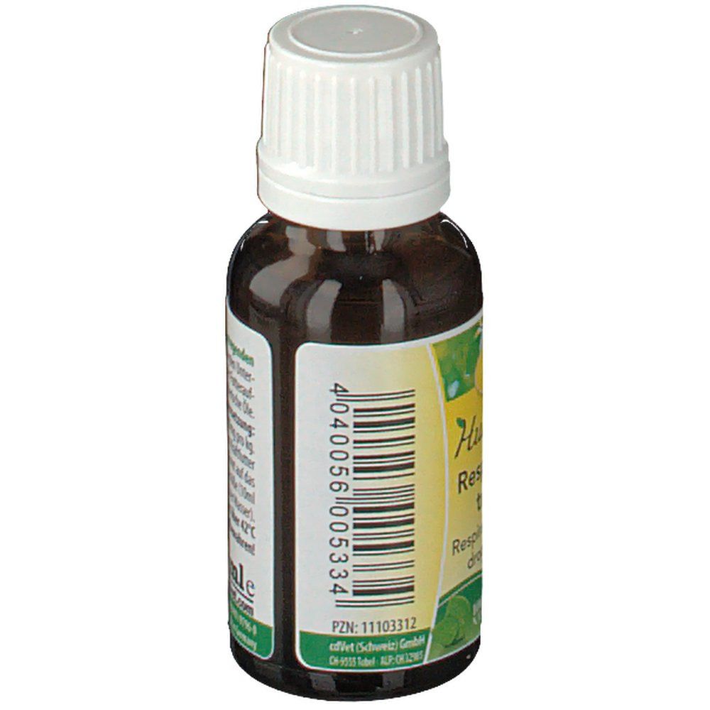 Braune Glasflasche mit weißem Deckel. Etikett mit Text und Barcode. Aufschrift: 20 ml. Herstellerinformationen.