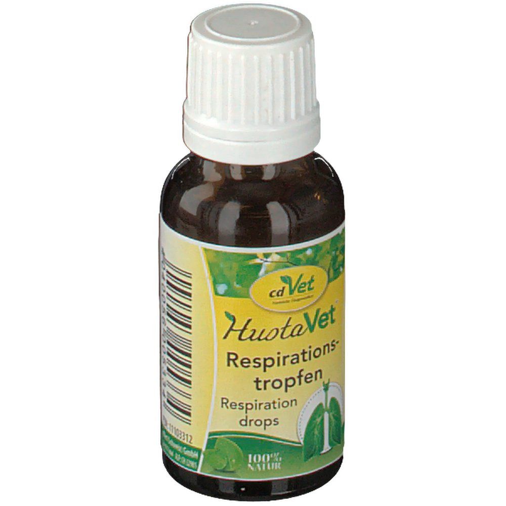 Braune Glasflasche mit weißem Deckel. Etikett mit Produktnamen und Illustration der Lunge. Aufschrift: Respirationstropfen. 100% Natur.