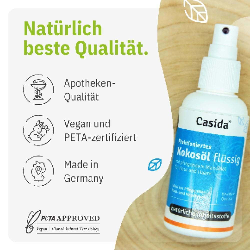 Produktflasche auf Holz. Text: Natürliche beste Qualität. PETA-Siegel, Apotheken-Qualität.