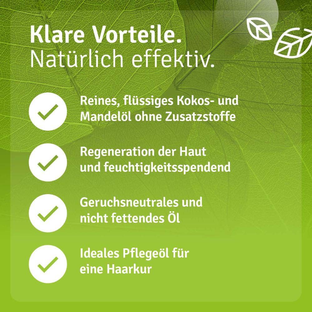 Produktflasche mit Text. Text: Klare Vorteile. Reines Kokos- und Mandelöl. Vegan.