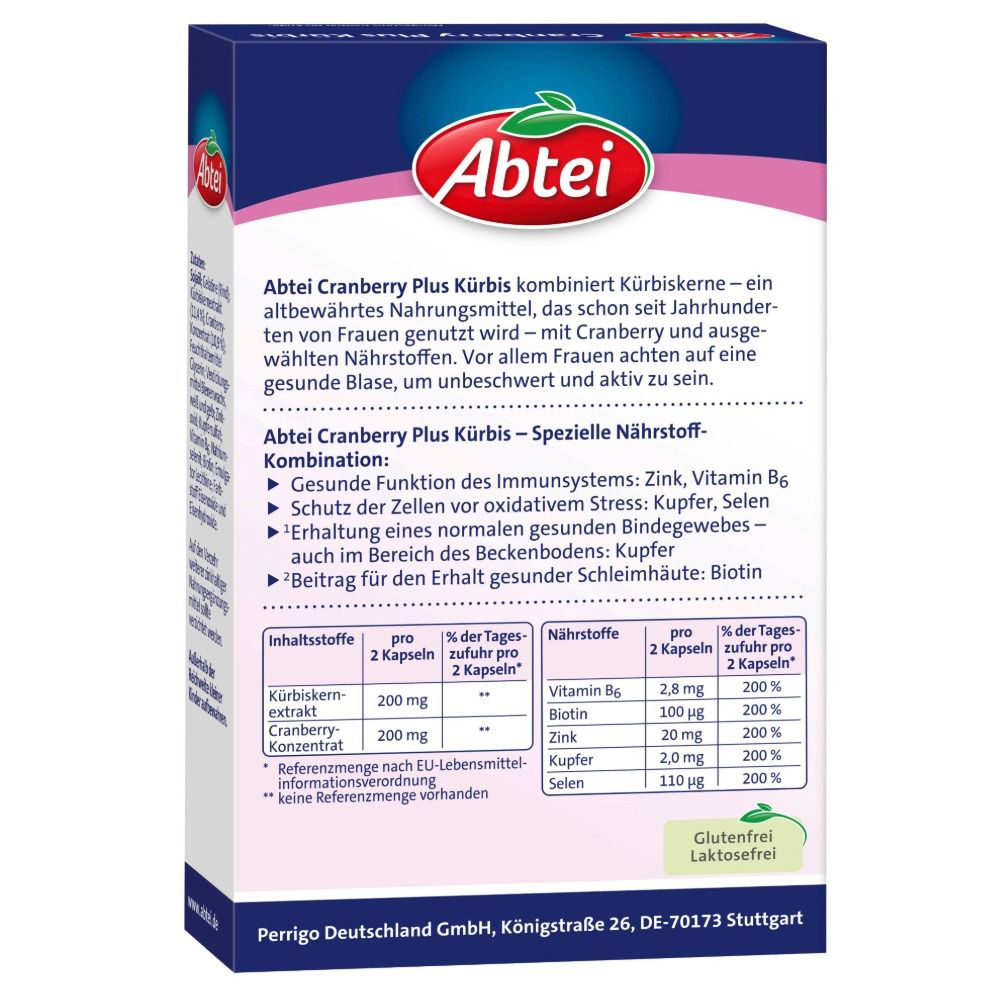 Rückseite der Abtei Cranberry Plus Kürbis Verpackung. Enthält Informationen zu Inhaltsstoffen und Nährwerten. Gluten- und laktosefrei.