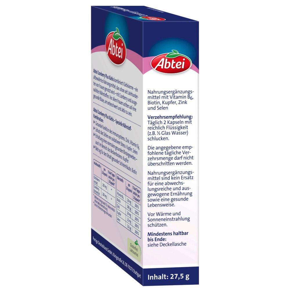 Seitenansicht der Abtei Cranberry Plus Kürbis Verpackung. Enthält Informationen zur Einnahme und Nährwertangaben. Inhalt: 27,5 g.