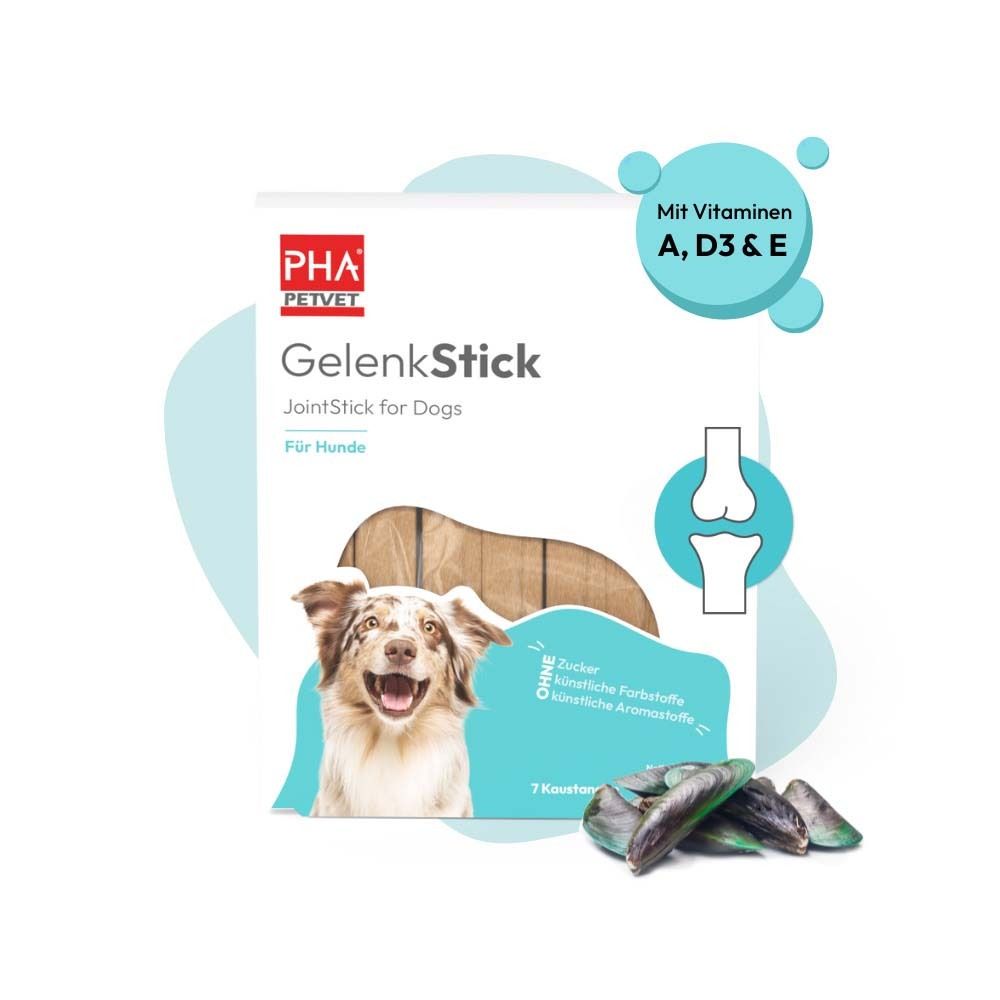 PHA GelenkStick für Hunde. Verpackung mit Produktabbildung und grünen Muscheln. Aufschrift: Mit Vitaminen A, D3 & E.