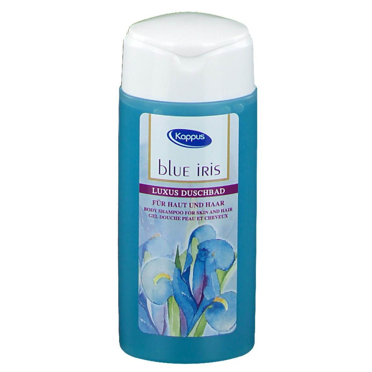 Blaue Duschbadflasche mit weißem Deckel. Aufschrift: Kappus Blue Iris, Luxus Duschbad.