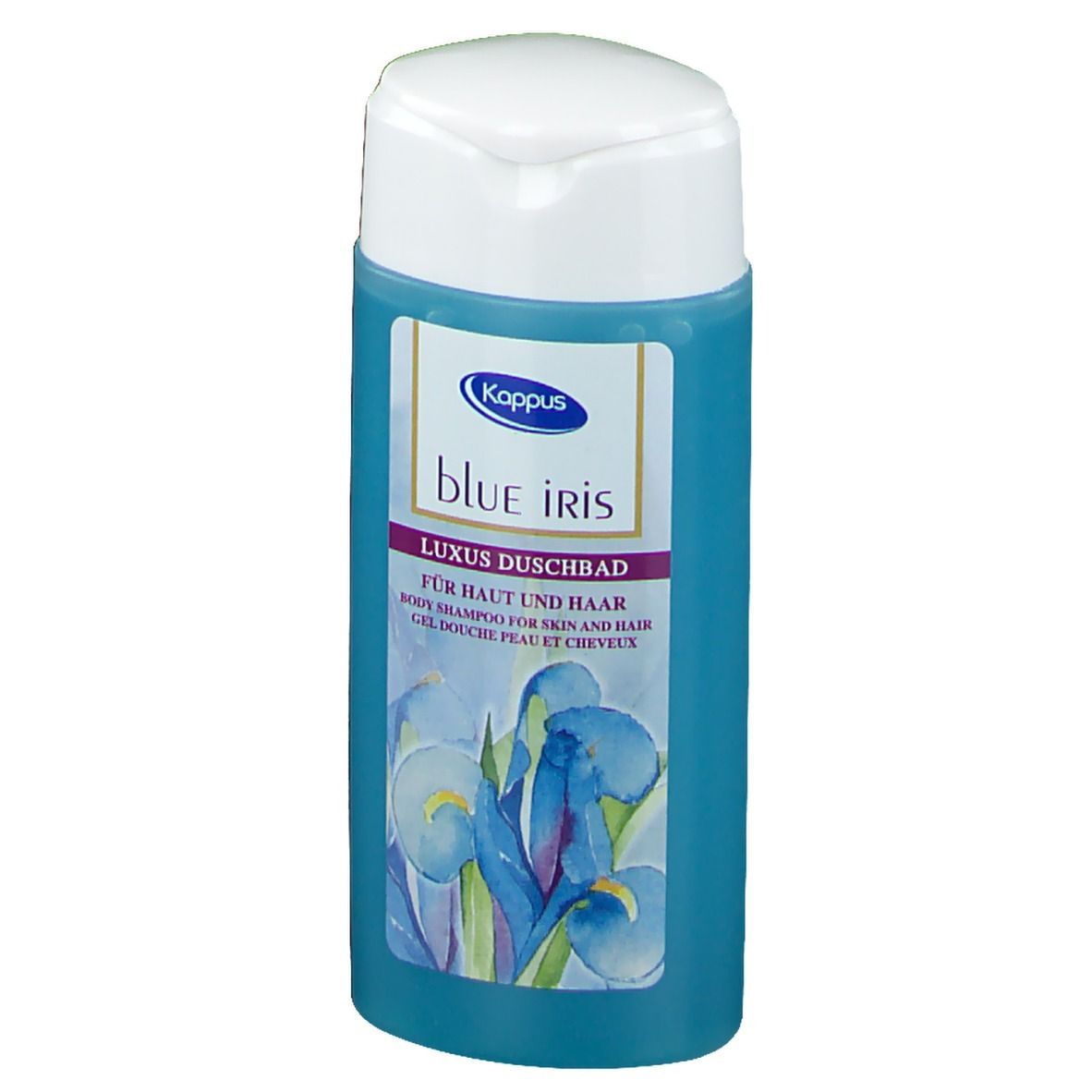 Blaue Duschbadflasche mit weißem Deckel. Aufschrift: Kappus Blue Iris, Luxus Duschbad.