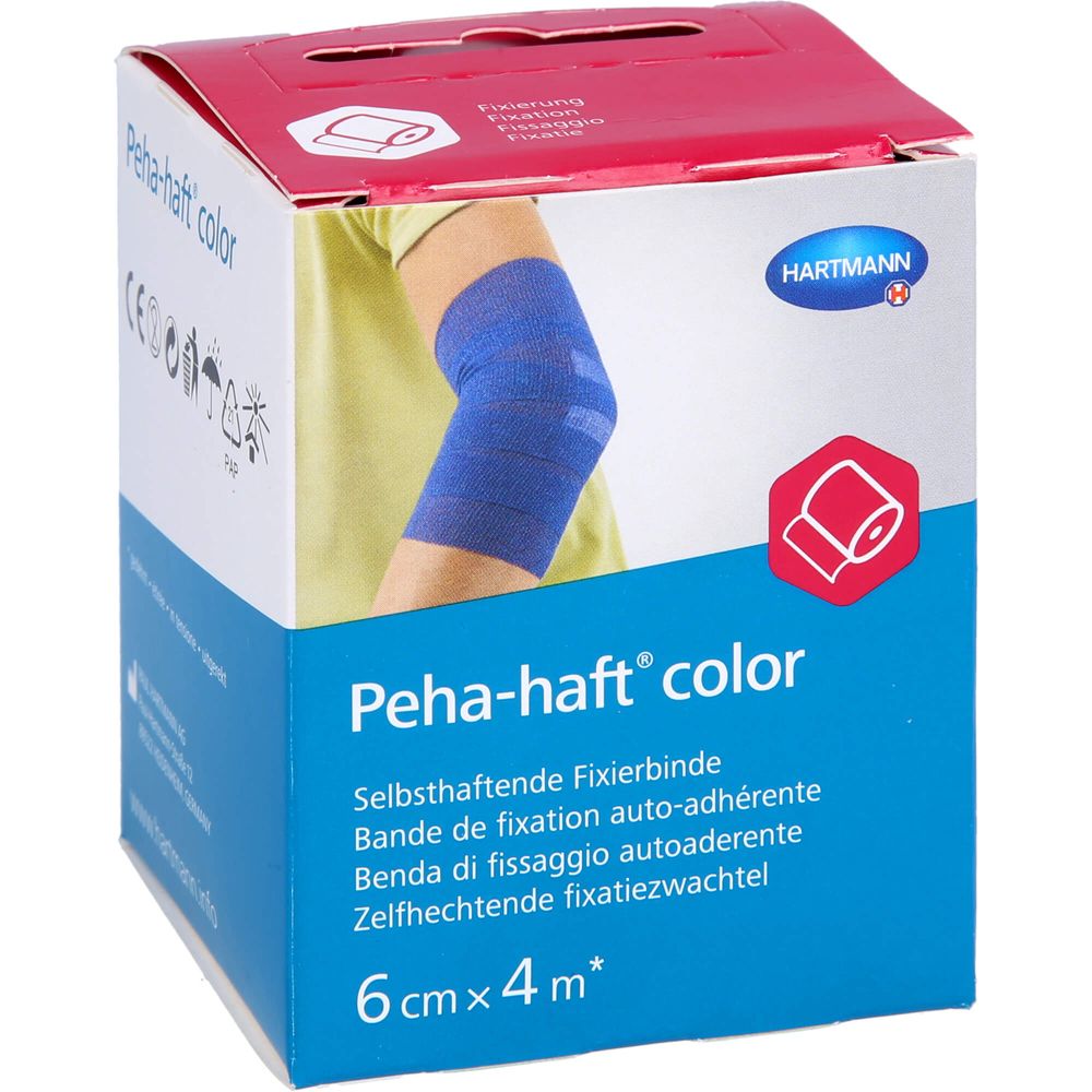 Blau-weiße Verpackung mit blauem Verband am Arm. Aufschrift: Peha-haft color, 6 cm x 4 m. Marke: HARTMANN.