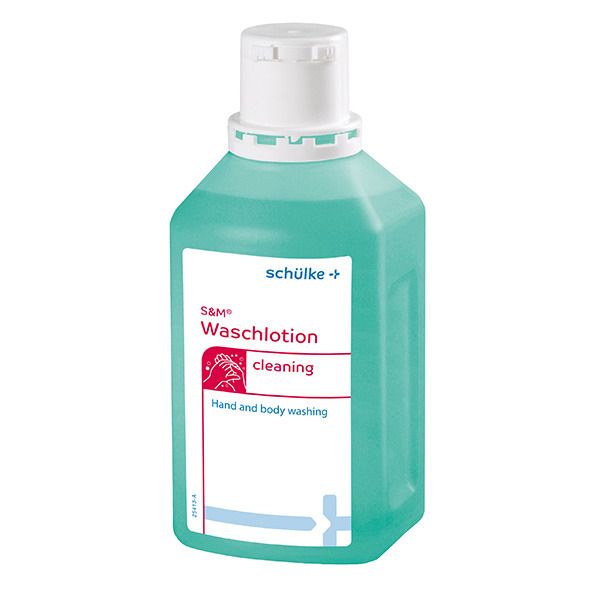 Grüne Flasche mit weißem Deckel. Aufschrift: S&M Waschlotion, cleaning, Hand and body washing. Marke: schülke.