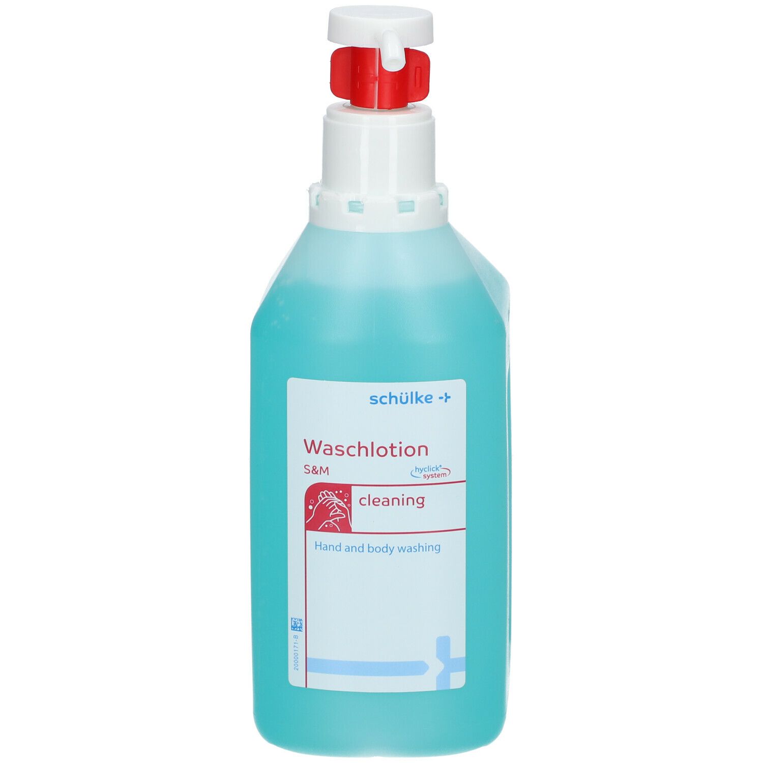 Flasche mit blauer Flüssigkeit, weißem Pumpkopf und rotem Auslöser. Beschriftung: s&m Waschlotion, cleaning, Hand and body washing.