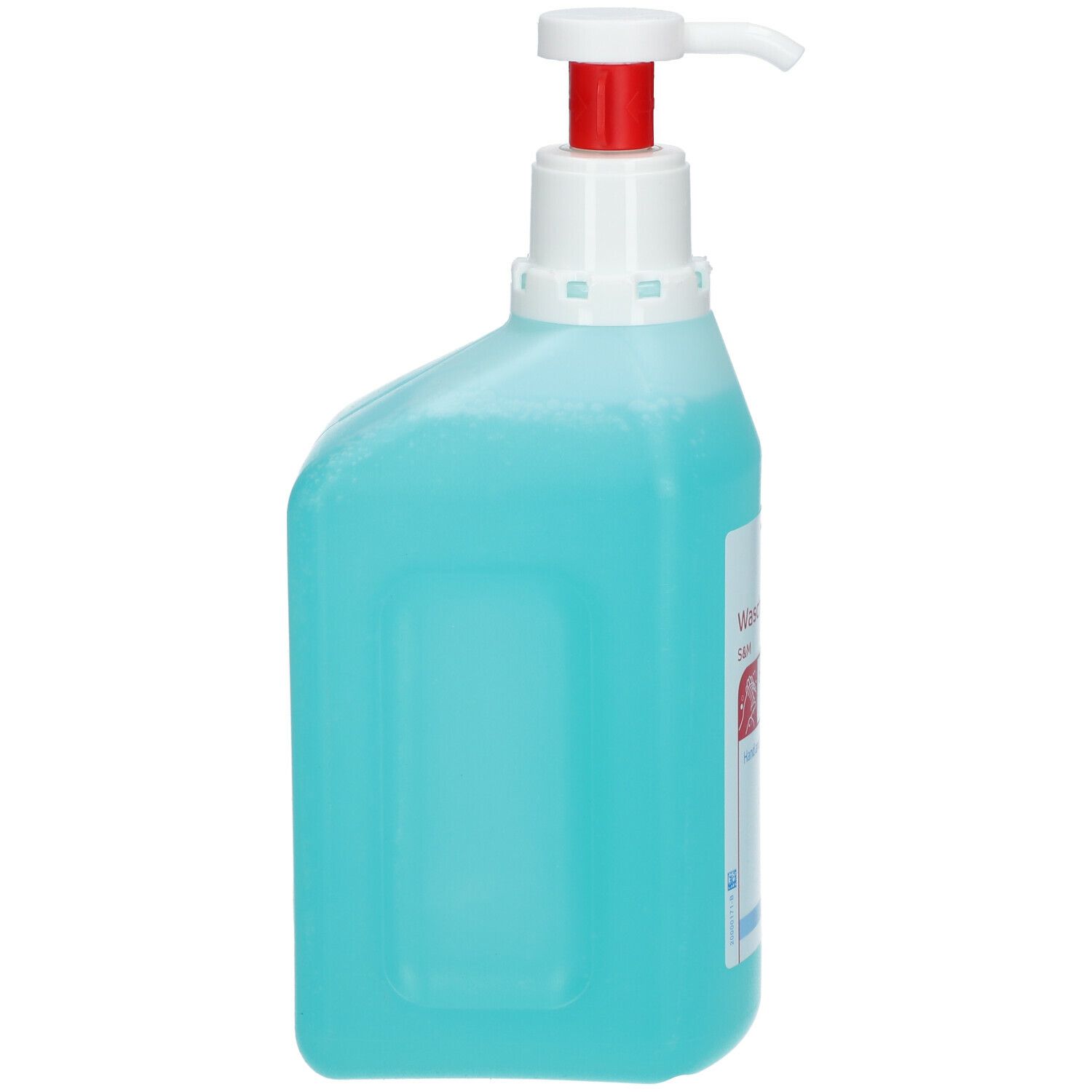 Flasche mit blauer Flüssigkeit, weißem Pumpkopf und rotem Auslöser. Seitenansicht.