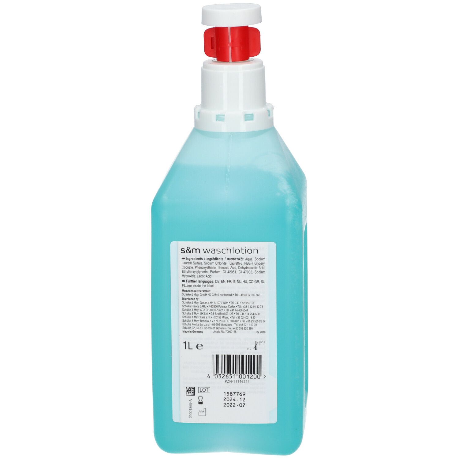 Flasche mit blauer Flüssigkeit, weißem Pumpkopf und rotem Auslöser. Aufkleber mit Produktinformationen und Barcode.