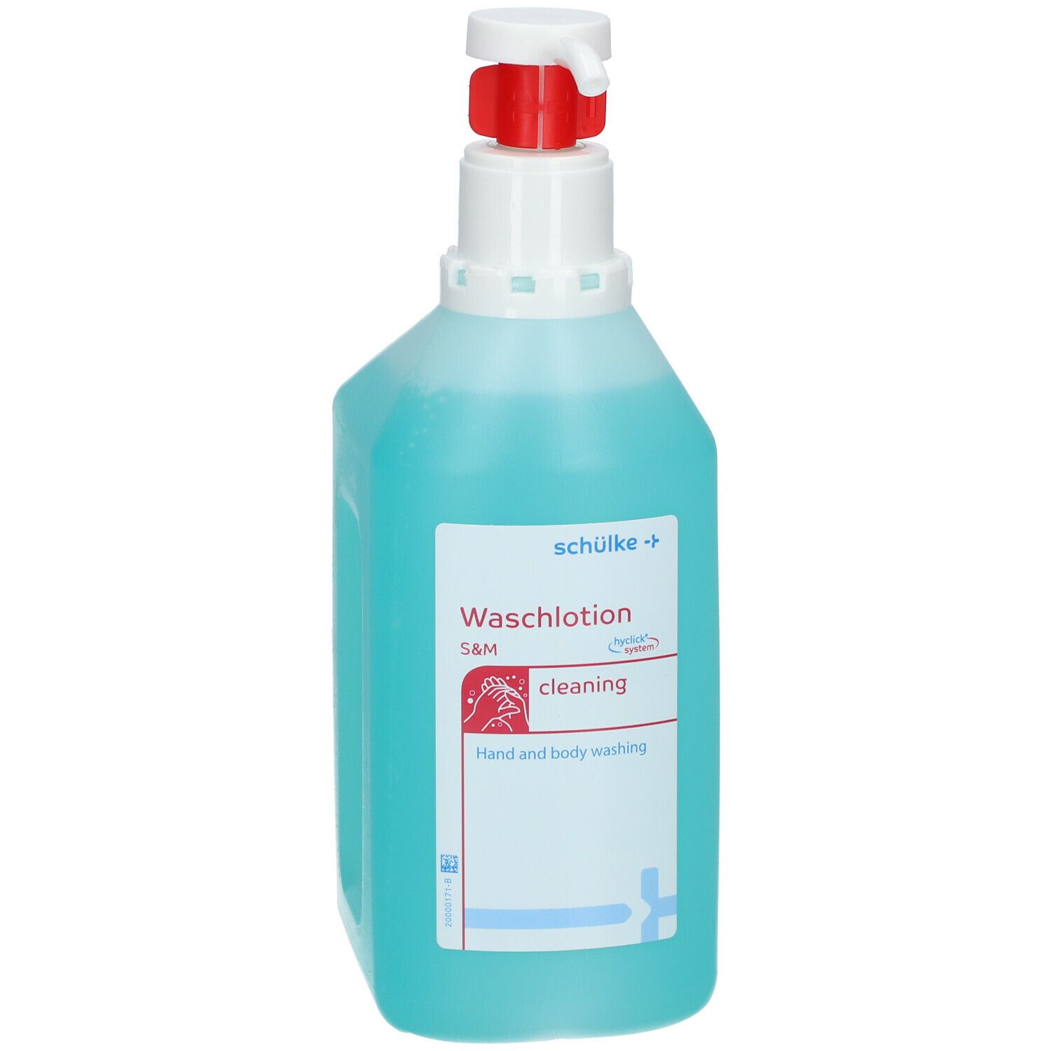 Flasche mit blauer Flüssigkeit, weißem Pumpkopf und rotem Auslöser. Beschriftung: s&m Waschlotion, cleaning, Hand and body washing.