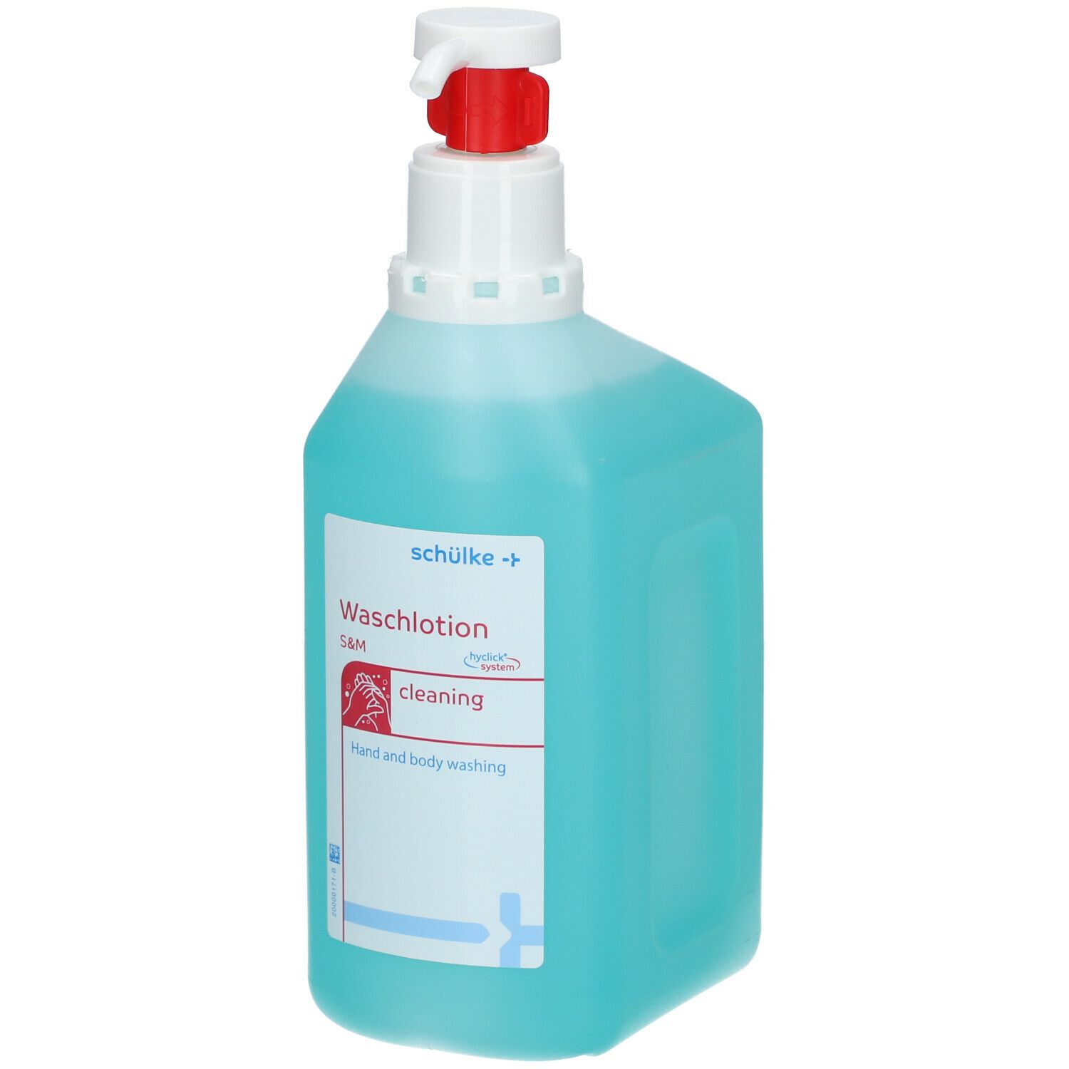 Flasche mit blauer Flüssigkeit, weißem Pumpkopf und rotem Auslöser. Beschriftung: s&m Waschlotion, cleaning, Hand and body washing.