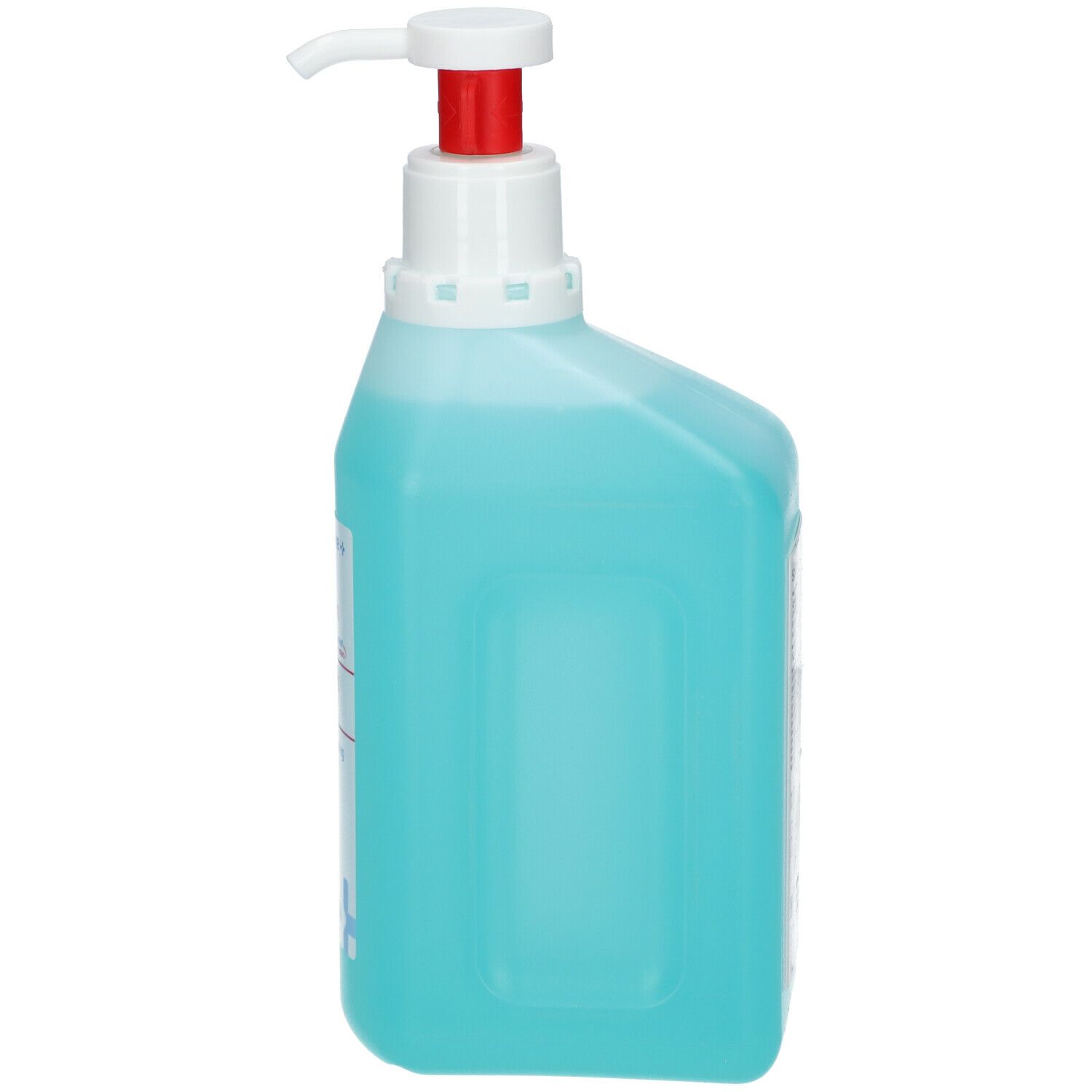 Flasche mit blauer Flüssigkeit, weißem Pumpkopf und rotem Auslöser. Seitenansicht.