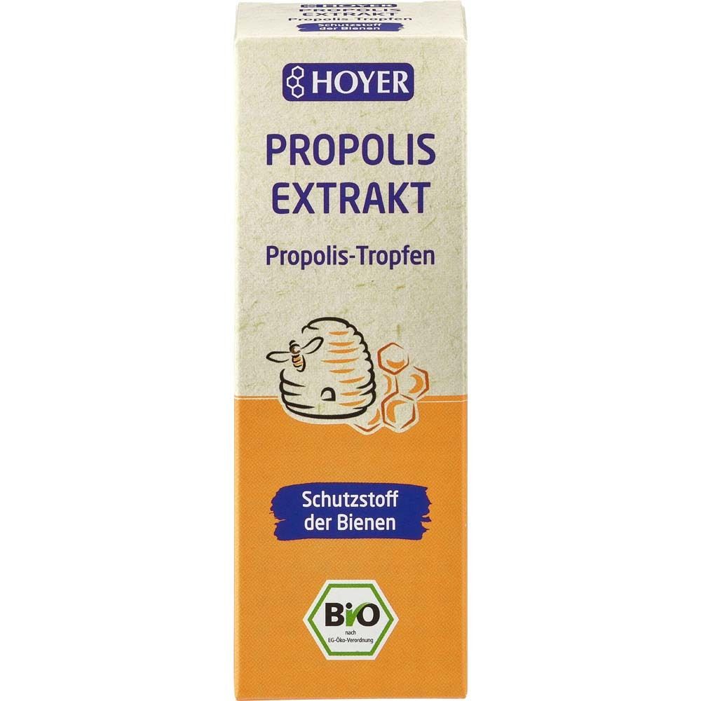 HOYER Propolis Extrakt Bio. Karton mit Produktinformationen. Enthält Logo, Text und Illustrationen.