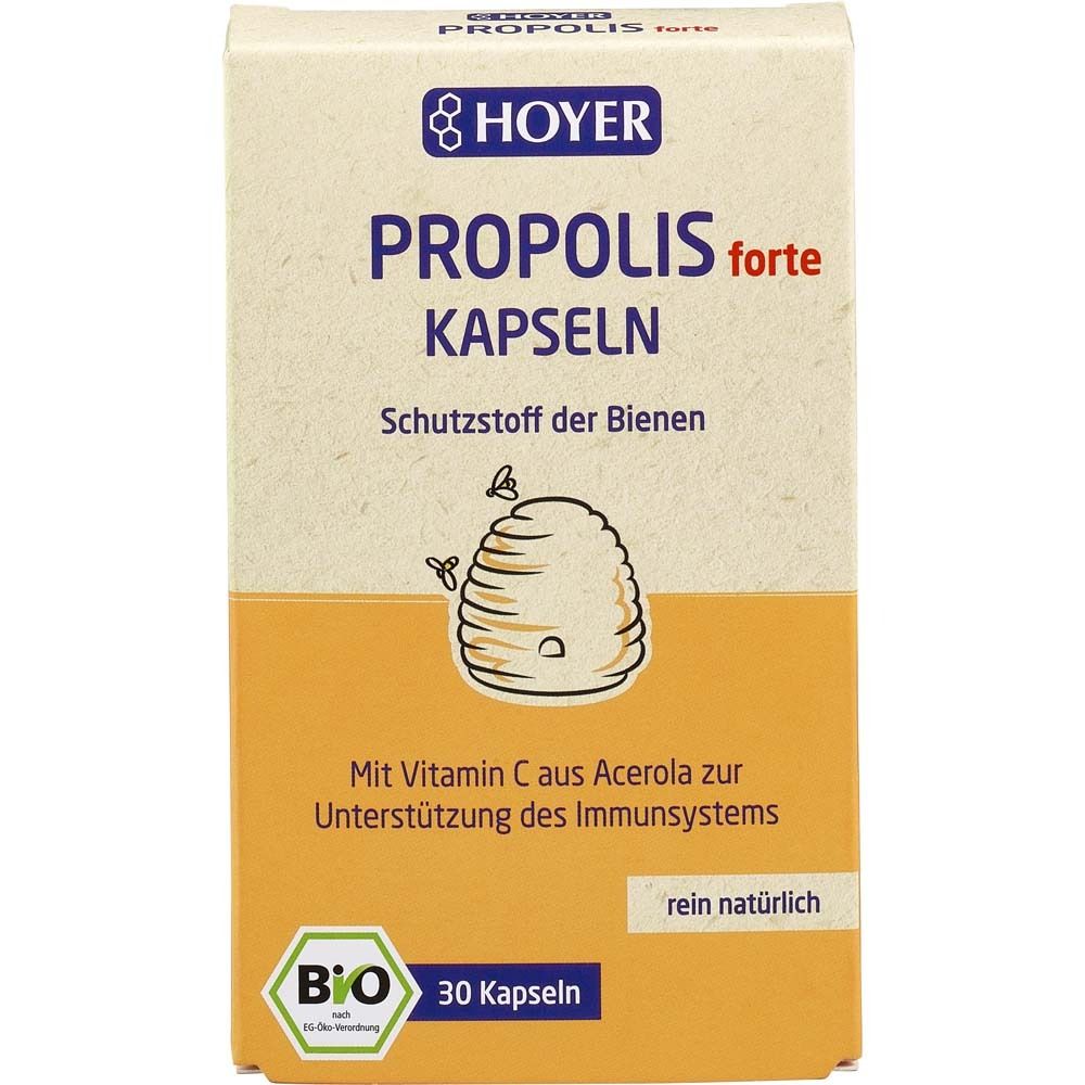 Karton HOYER Bio-Propolis forte Kapseln. Aufschrift: Propolis forte Kapseln, 30 Kapseln, Bio-Siegel.