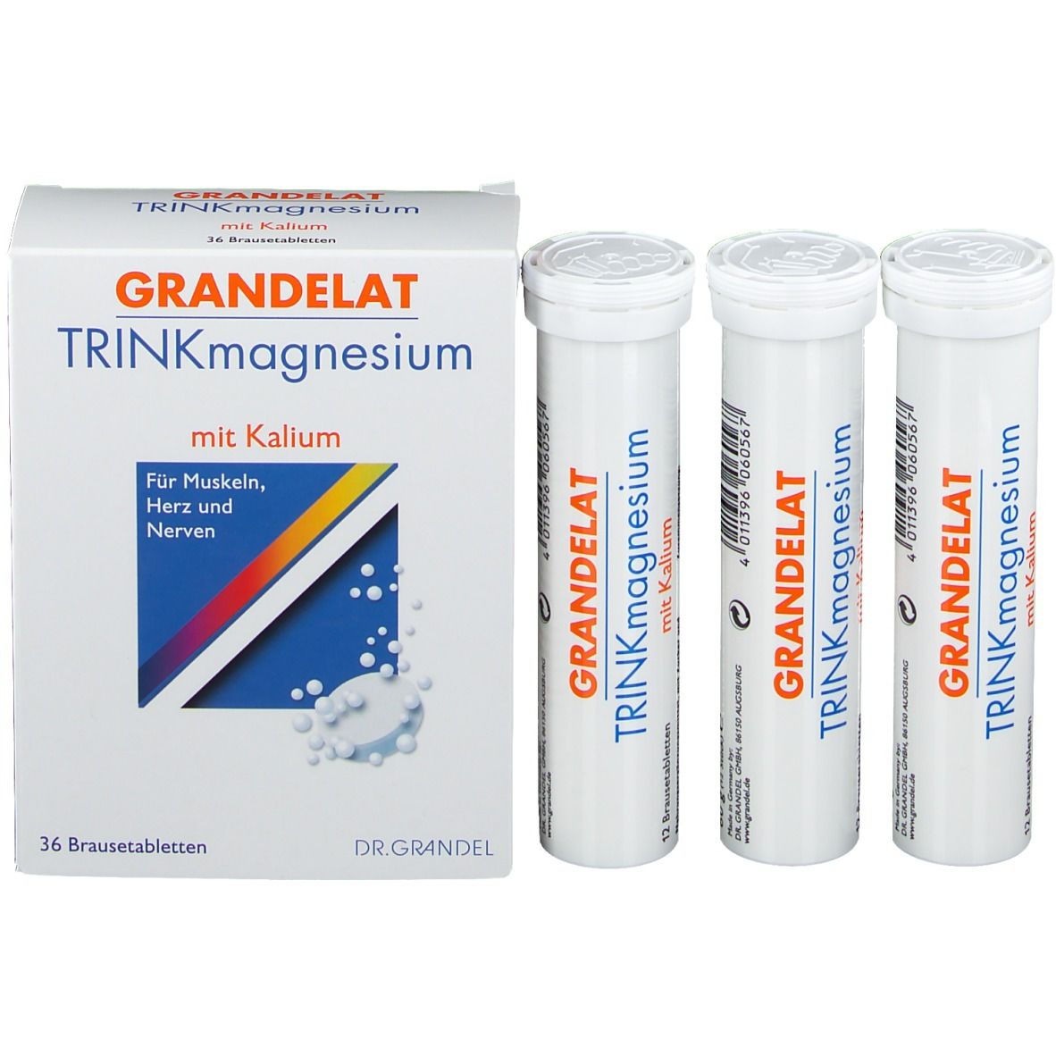 Karton mit "GRANDELAT TRINKmagnesium mit Kalium" und 3 Röhrchen mit Brausetabletten. Logo Dr. Grandel.