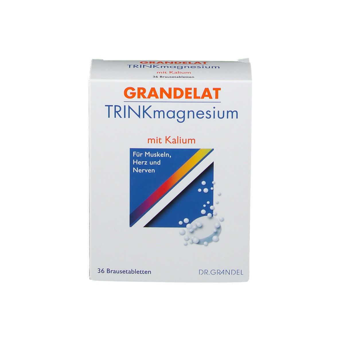 Weißer Karton mit "GRANDELAT TRINKmagnesium mit Kalium". 36 Brausetabletten. Logo Dr. Grandel.