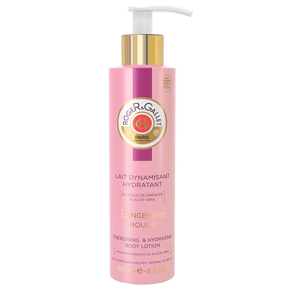 Rosa Flasche mit weißem Pumpkopf. Aufschrift: ROGER & GALLET, Gingembre Rouge. Lait Dynamisant Hydratant. Energising & Hydrating Body Lotion.
