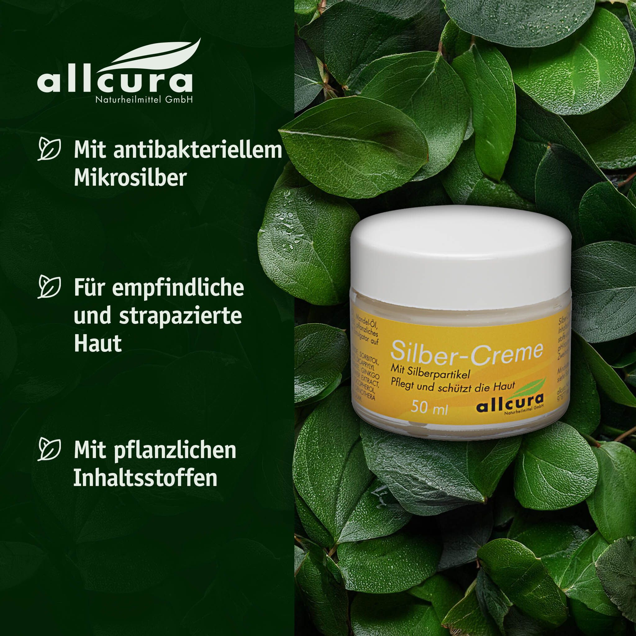 Glasbehälter mit weißem Deckel, umgeben von grünen Blättern. Text: Silber-Creme, 50 ml, allcura Logo.