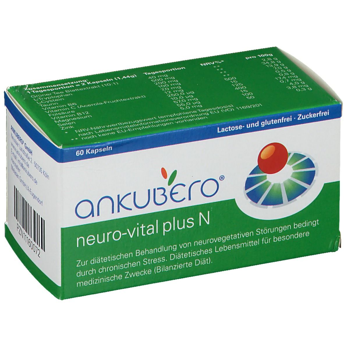 ANKUBERO® neuro-vital plus N-Verpackung. 60 Kapseln. Grün-weiße Schachtel mit Produktnamen und Logo. Enthält Informationen zu Inhaltsstoffen.