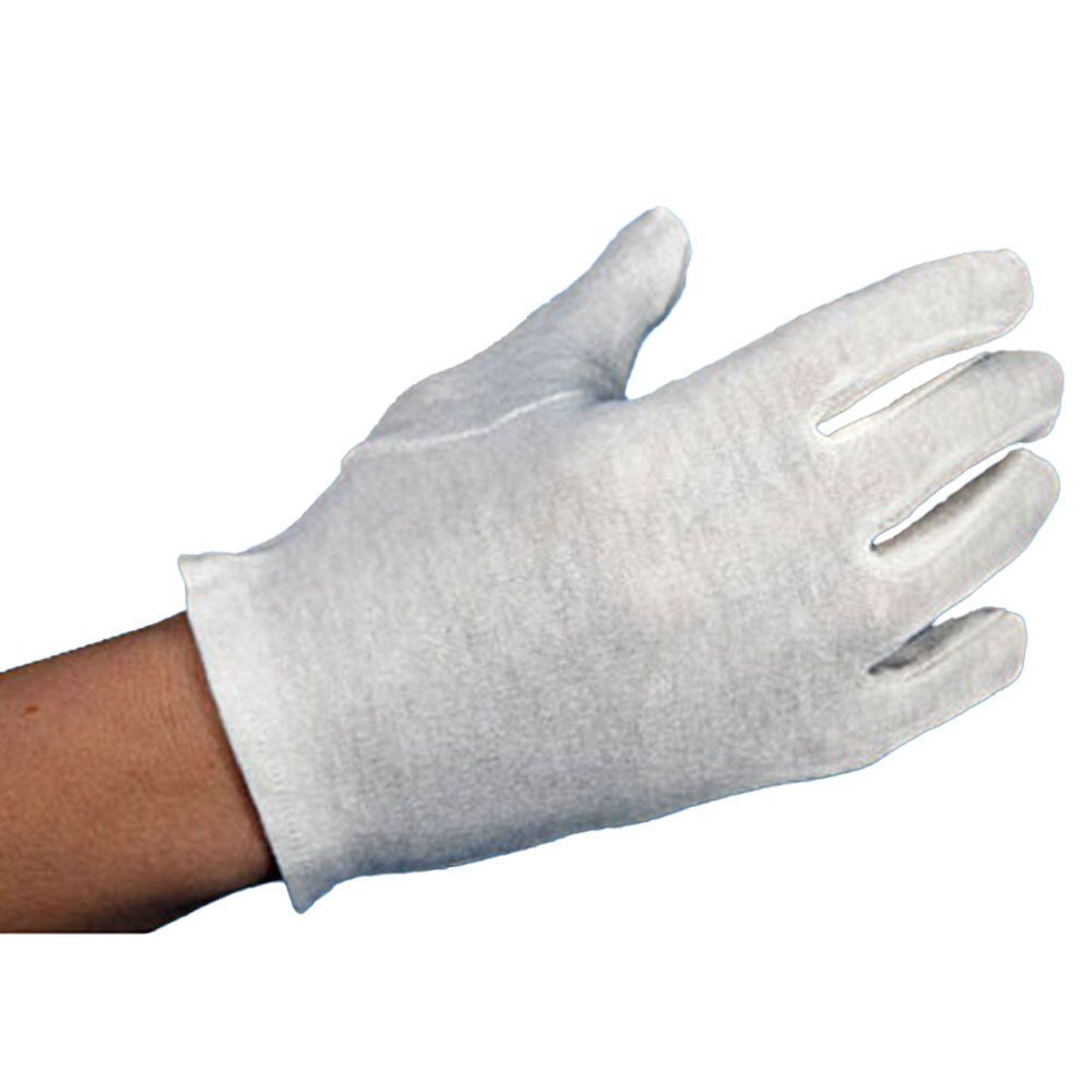 Weißer Stoffhandschuh, Handmodell. Baumwollhandschuh mit fünf Fingern. Manschette am Handgelenk.