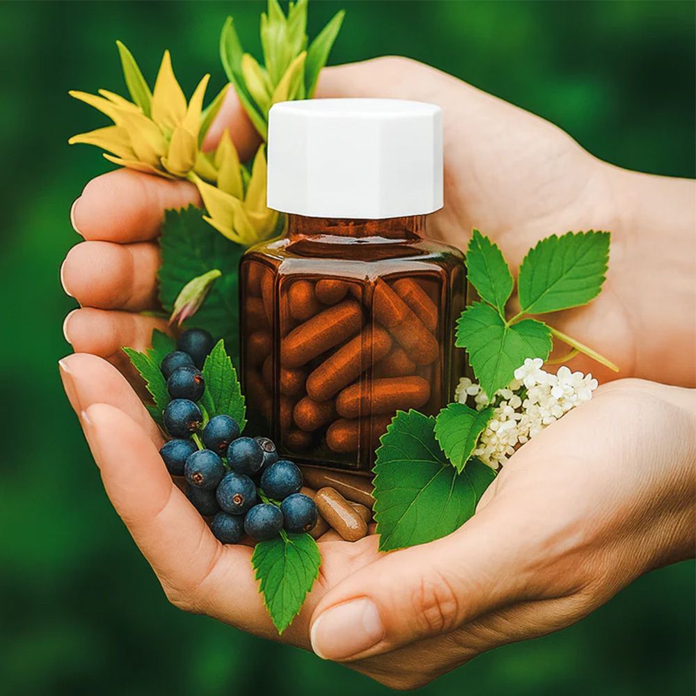 Hände halten eine braune Flasche mit Kapseln, umgeben von Pflanzen und Beeren.