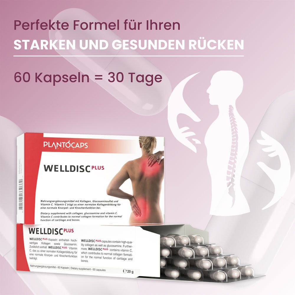 Verpackung von plantoCAPS WELLDISC PLUS, schräg von vorne.