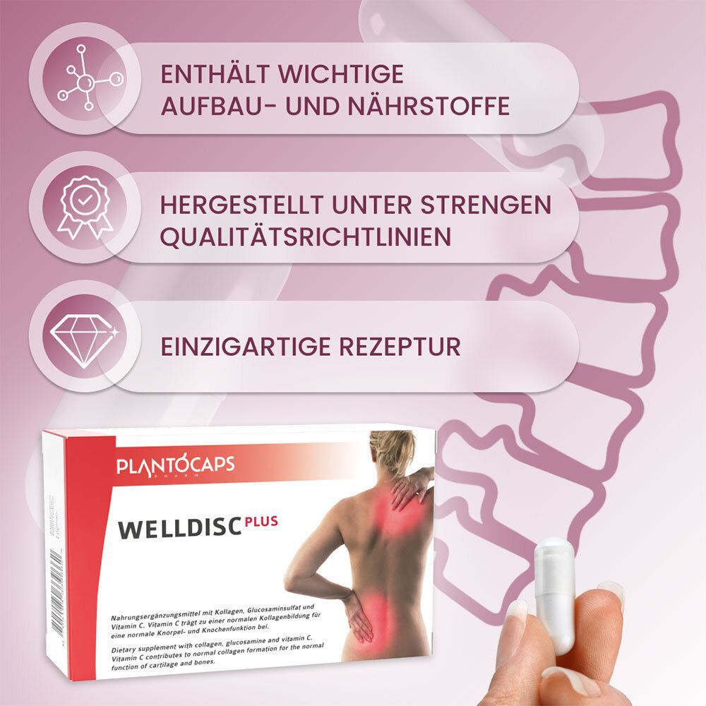 Rückseite der plantoCAPS WELLDISC PLUS Verpackung mit Zutatenliste.