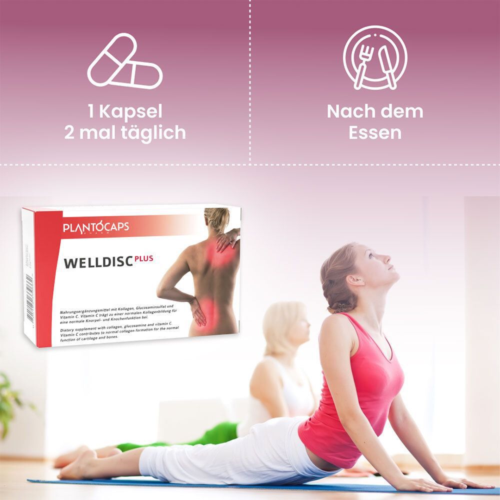 Verpackung von plantoCAPS WELLDISC PLUS, schräg von vorne.
