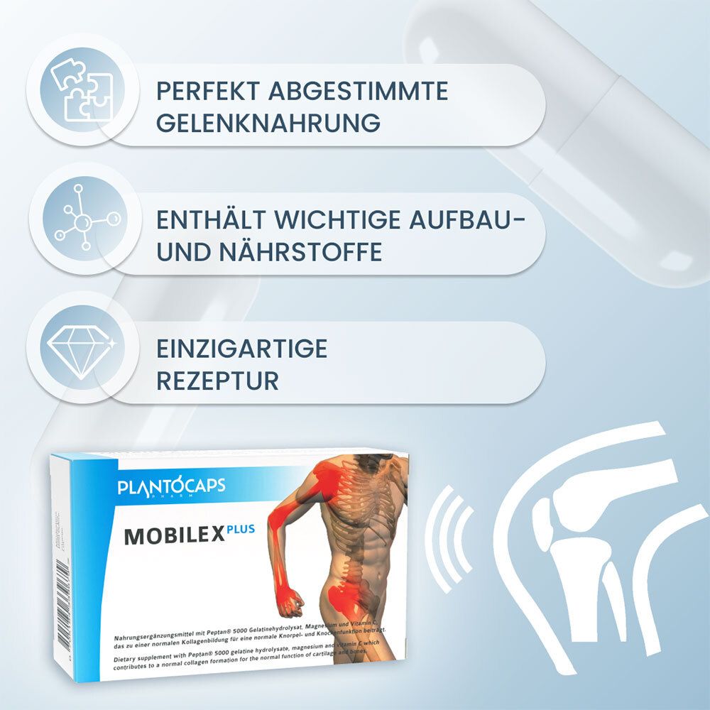 Eine weiße Kapsel, Molekülstruktur, Vitamin C und Magnesium-Symbol mit Mengenangaben pro Tagesdosis.
