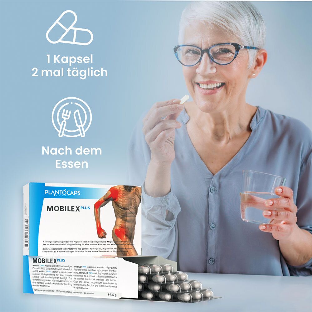 Packung mit Kapseln, menschlicher Torso mit roten Markierungen an Gelenken, Text über Nährstoffkombination.