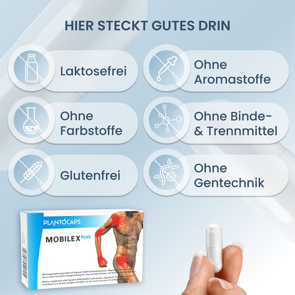 Packung mit Kapseln, Icons für Laktosefrei, ohne Farbstoffe, Glutenfrei, ohne Aromastoffe, Bindemittel, Gentechnik.