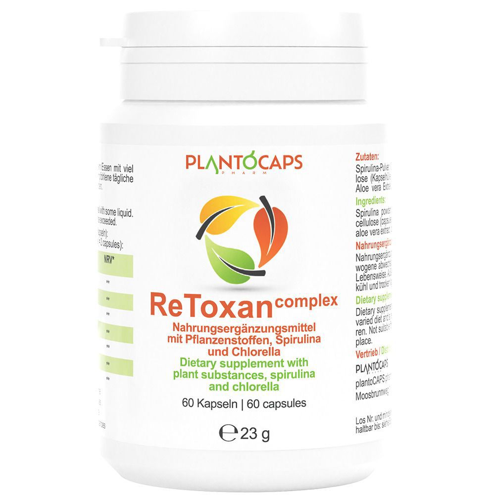 Weiße Dose mit plantoCAPS® ReToxan complex Kapseln, 60 Stück, 23g.