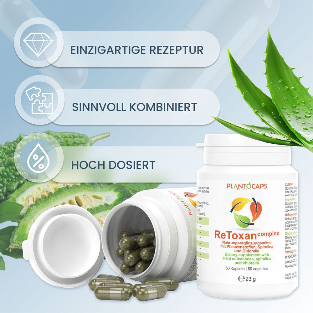 PlantoCAPS® ReToxan complex Dose neben geöffnetem Behälter mit grünen Kapseln, mit Aloe Vera und Bittermelone.