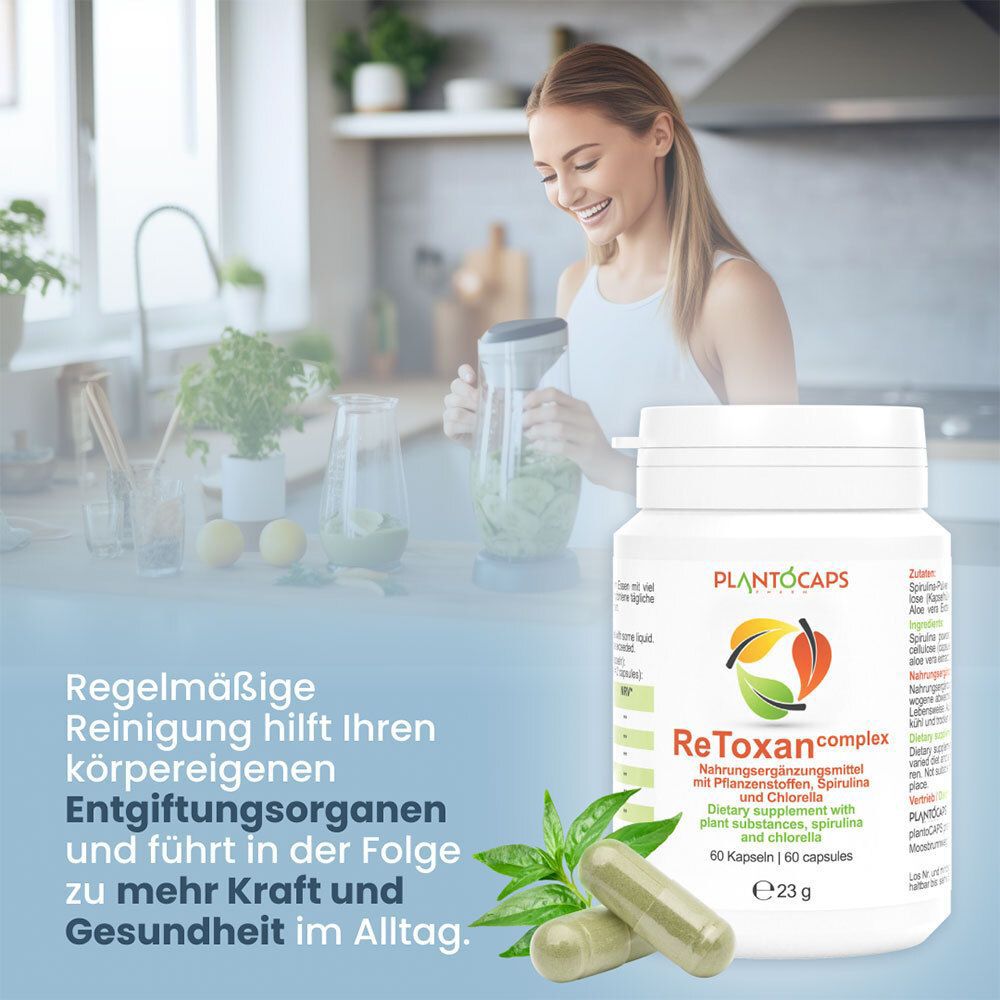 PlantoCAPS® ReToxan complex Dose neben geöffnetem Behälter mit grünen Kapseln, mit Aloe Vera und Bittermelone.