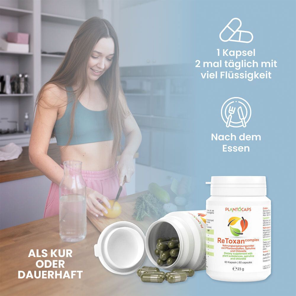 PlantoCAPS® ReToxan complex Dose mit Kapseln, Liste von Beschwerden und Symbol für Wellness für Magen, Leber und Darm.