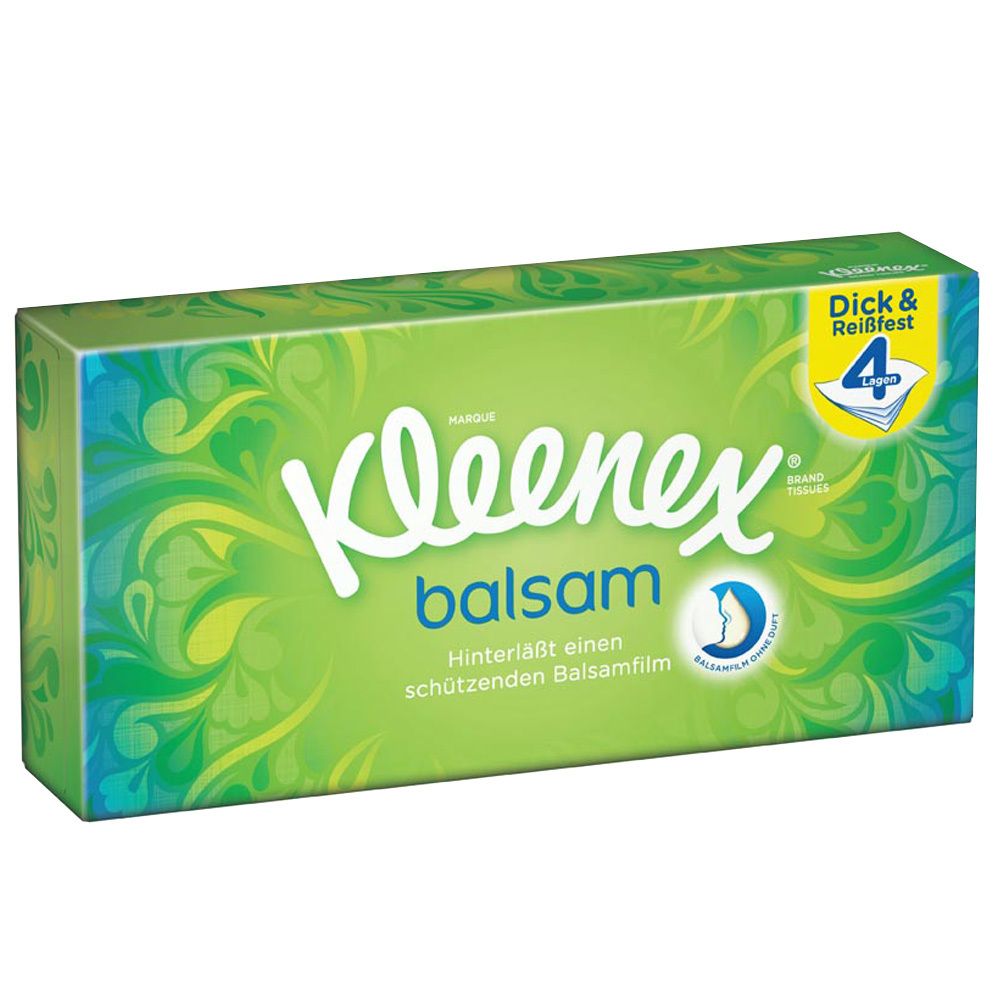 Grüne Schachtel mit Kleenex Balsam Taschentüchern. Dick & Reißfest. Blaue und grüne Muster. Marke Kleenex.