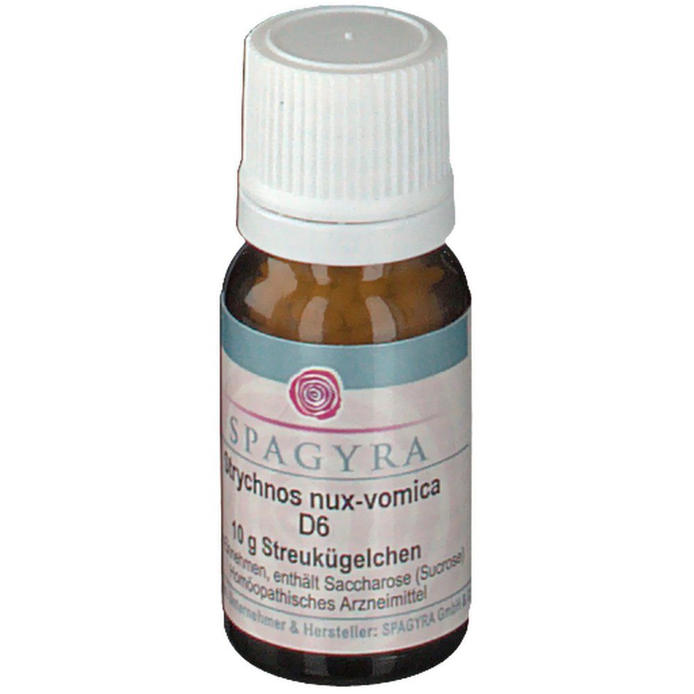 Braune Glasflasche mit weißem Deckel. Etikett mit SPAGYRA, Strychnos nux-vomica D6, 10 g Streukügelchen.