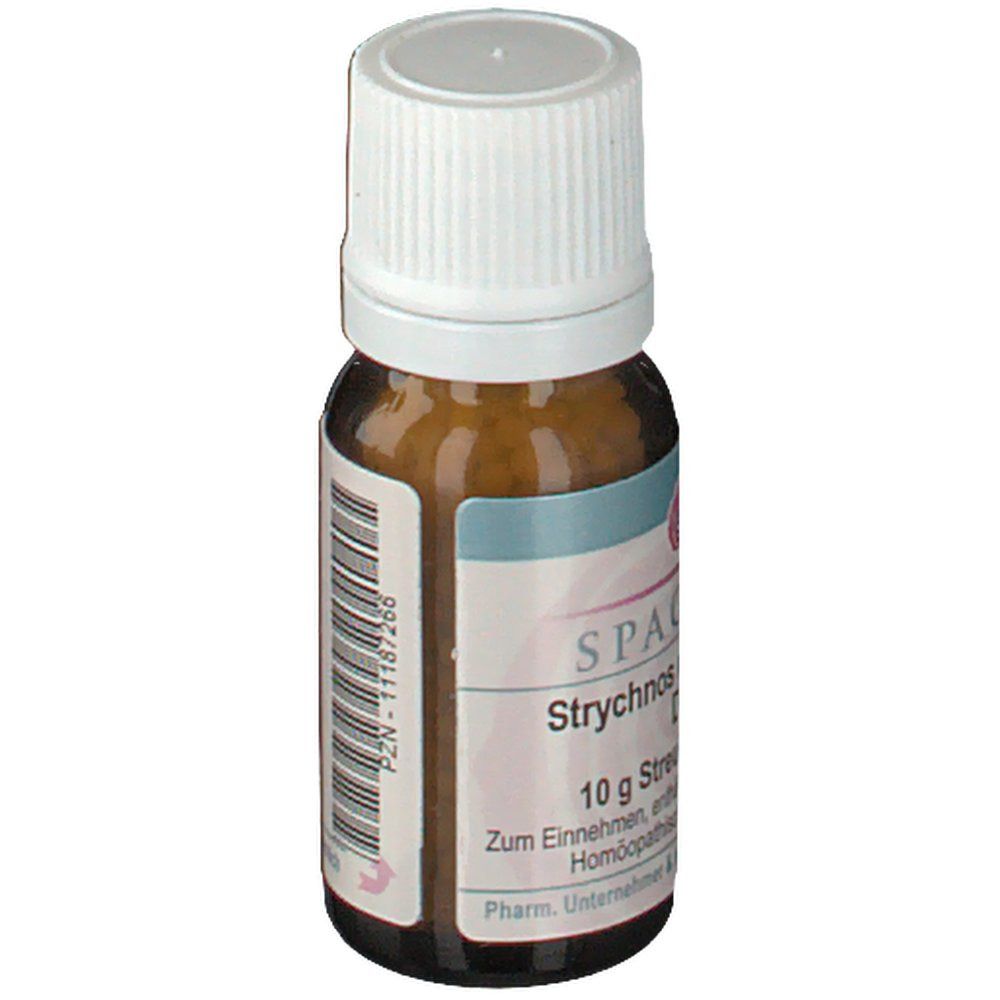 Braune Glasflasche mit weißem Deckel. Etikett mit SPAGYRA, Strychnos nux-vomica, 10 g Streukügelchen.