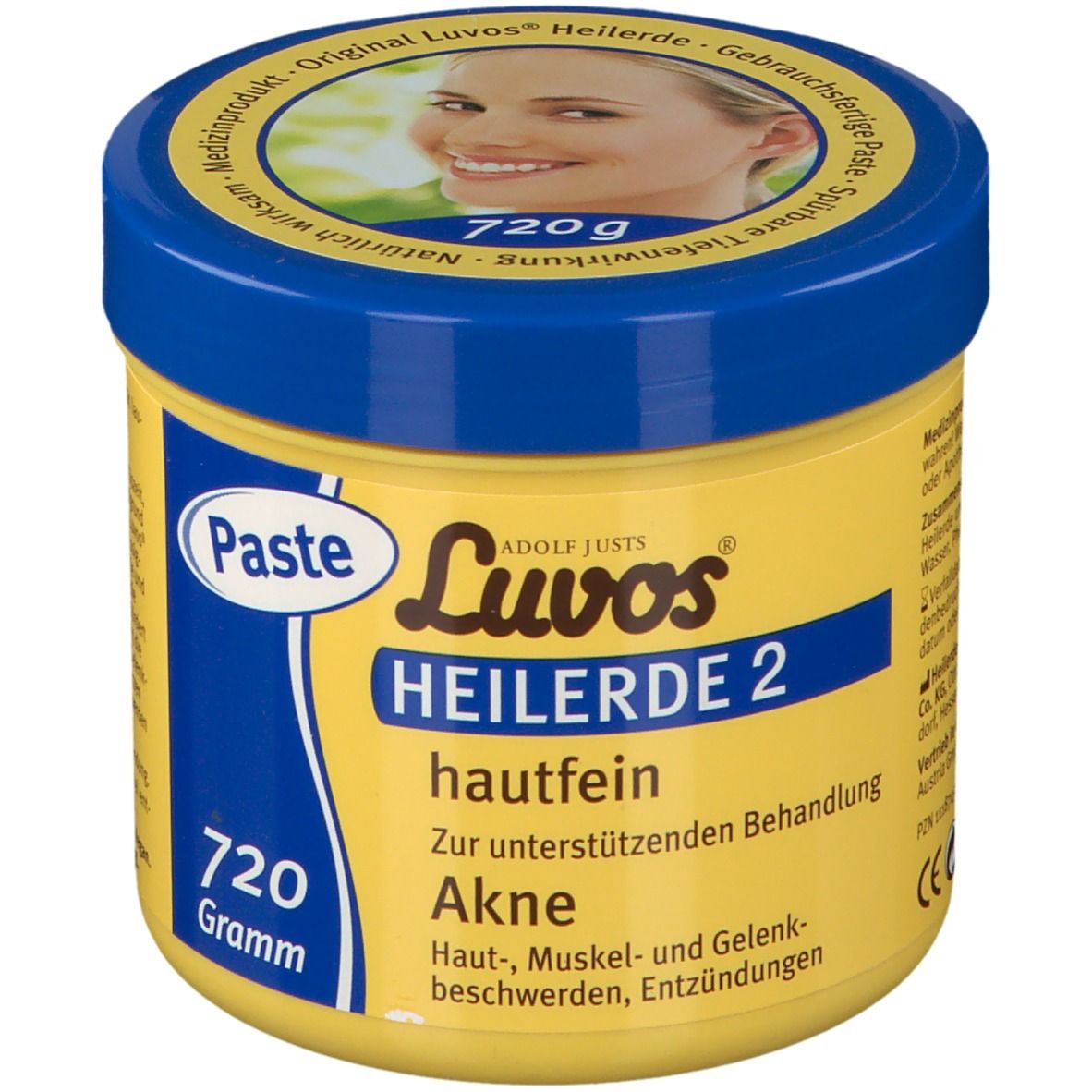 Gelbes Tiegel mit blauem Deckel. Aufschrift: Luvos Heilerde 2 hautfein, 720g. Produkt für Akne und Hautbeschwerden.