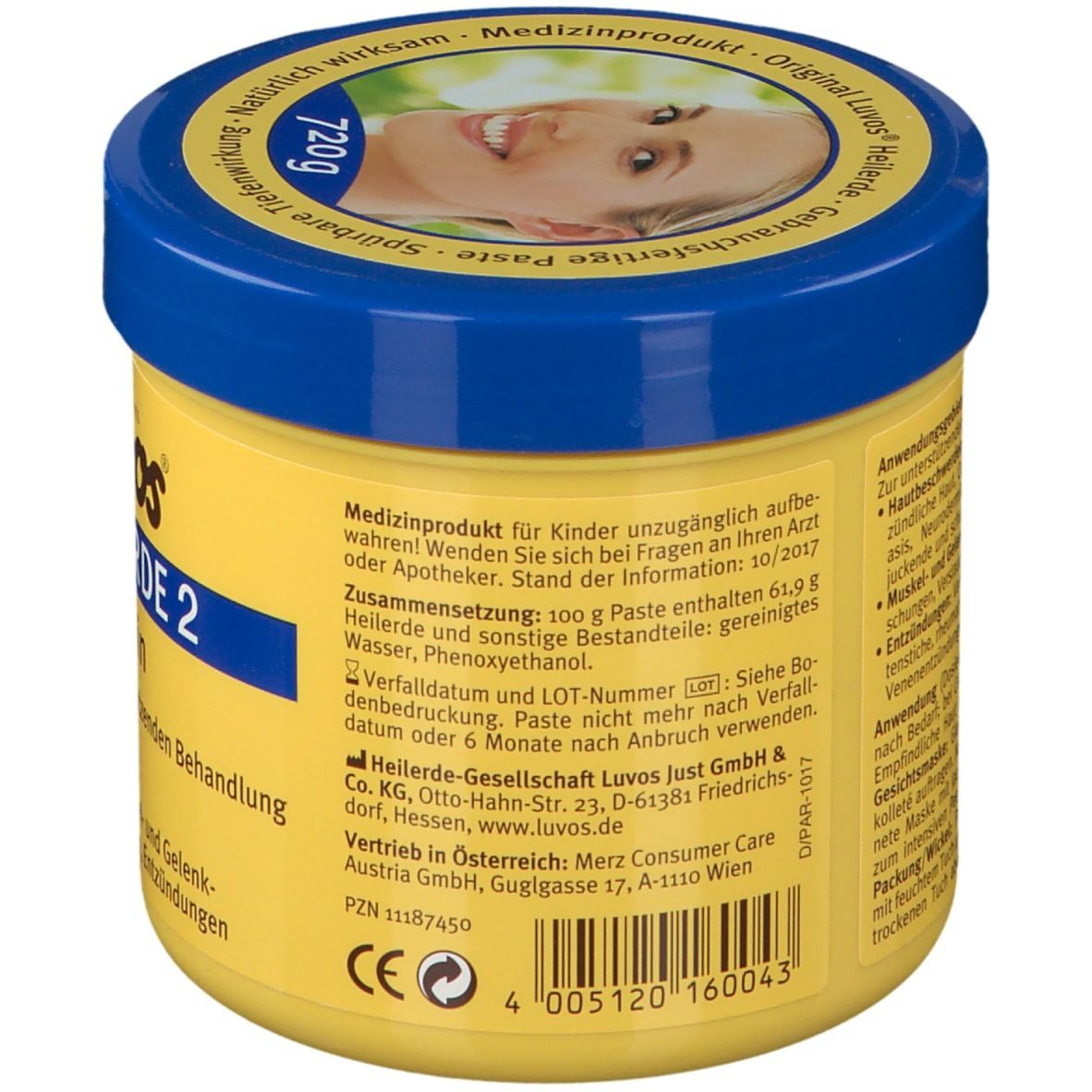 Gelber Tiegel mit blauem Deckel. Rückseite mit Produktinformationen. Aufschrift: Luvos Heilerde 2 hautfein, 720g.
